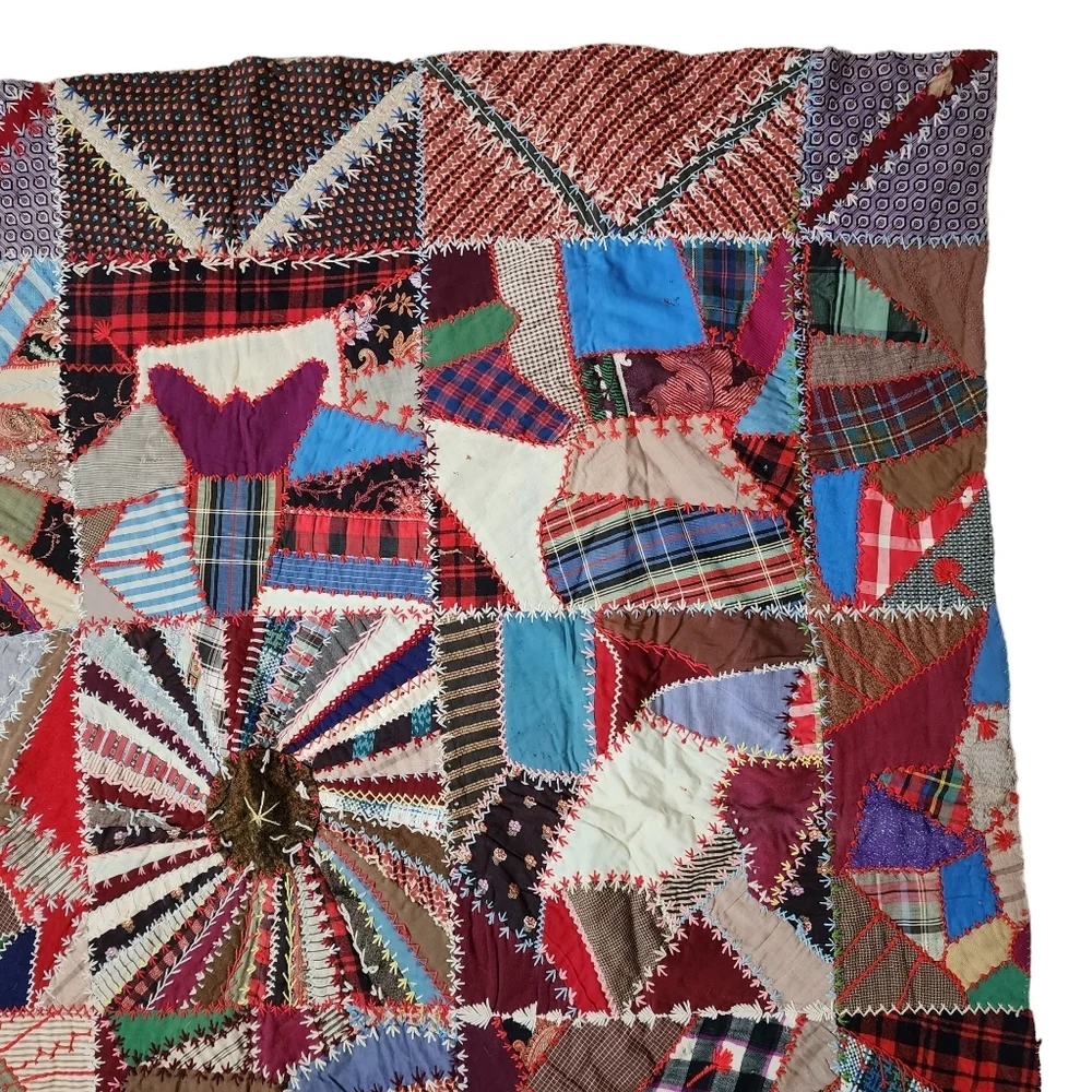 ANTIQUE Crazy Quilt top hand swen cotton quilt top to‎ be finished 65in x 65in